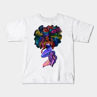 African American mermaid with flowing rainbow braids 2, brown eyes curly Afro hair and caramel brown skin Kids T-Shirt